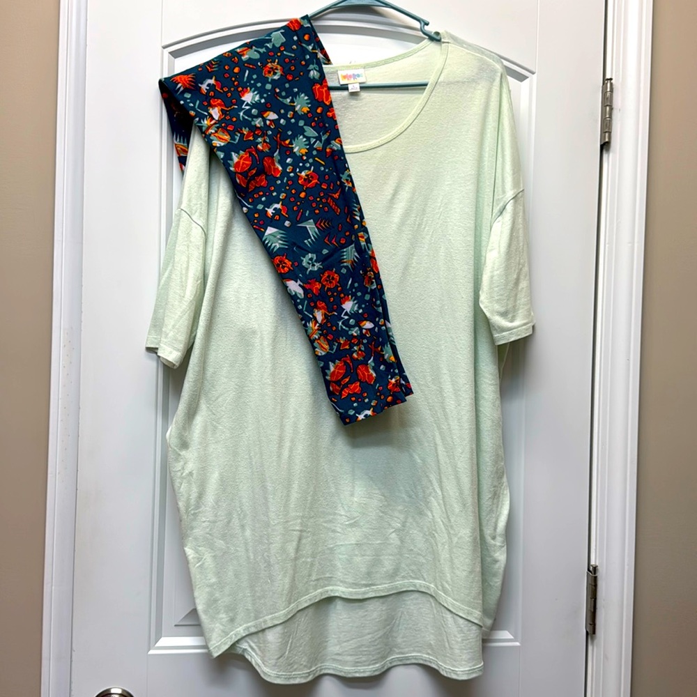 LuLaRoe solid mint green Irma size Large and TC Floral/ Geometric leggings set